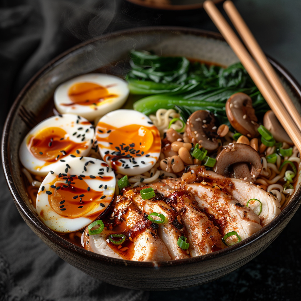 Homemade Ramen Bowl Homemade ramen bowl with rich soy broth, sliced glazed chicken, soft-boiled eggs, bok choy, mushrooms, green onions, and sesame seeds.