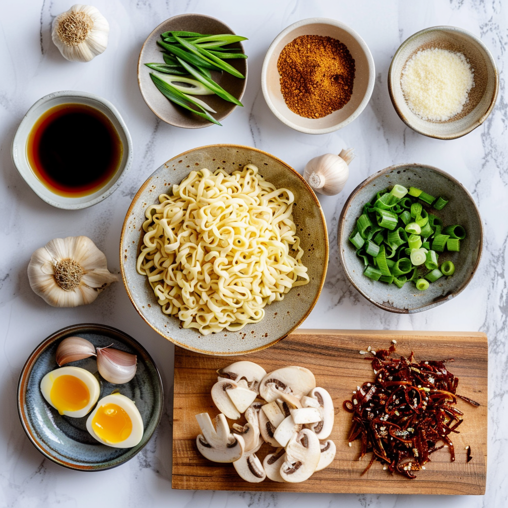 Top-down flat lay of homemade ramen ingredients including fresh noodles, soft-boiled eggs, garlic, green onions, soy sauce, mushrooms, and chili flakes.
