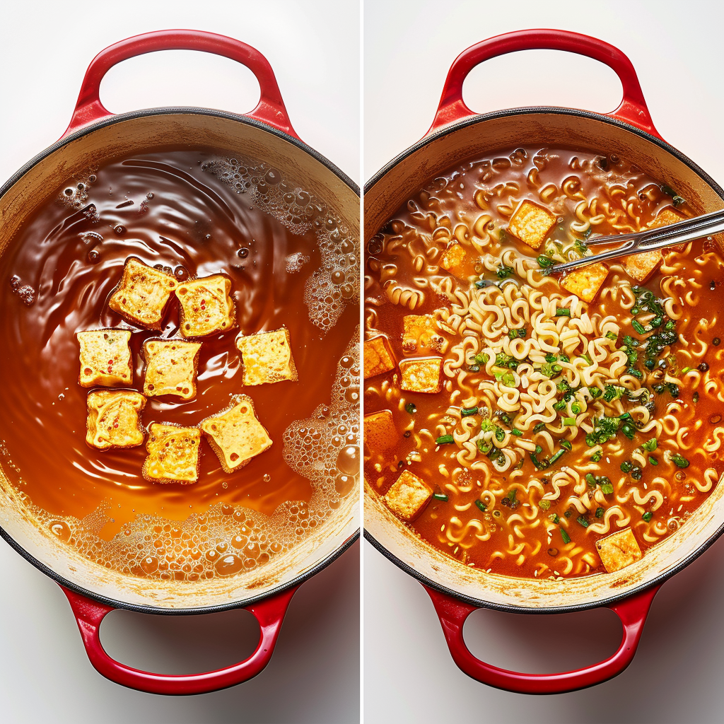 Two-panel top-down view of ramen cooking in a red pot, showing broth simmering with tofu and finished noodles with green onions.